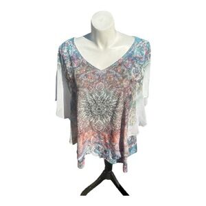 Leebe Women's Colorful V-Neck Blouse sheer on top of blouse with bling Sz 3X